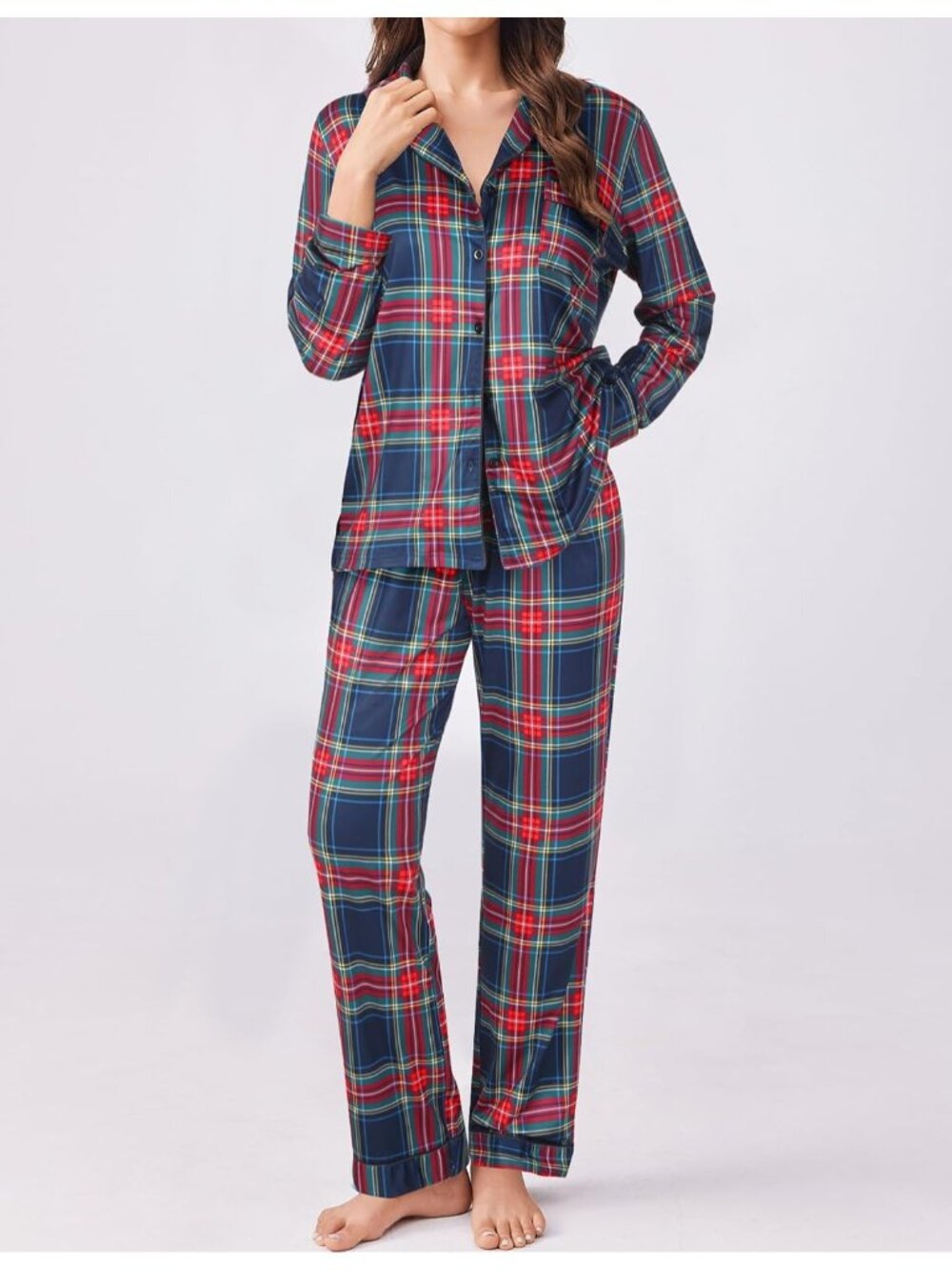 Women's Red Green Plaid Button Down Long Sleeve Shirt Sleepwear Pajamas Set - Picture 2 of 5